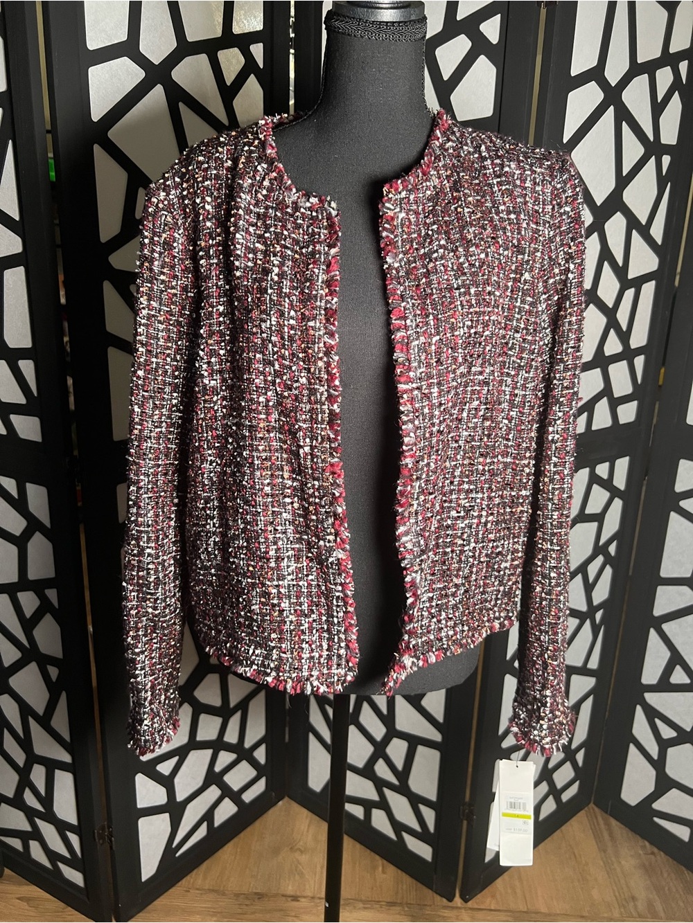 Calvin Klein Open Front Tweed Jacket. NWT size 14. With Pockets. Black &Burgundy - Picture 3 of 11